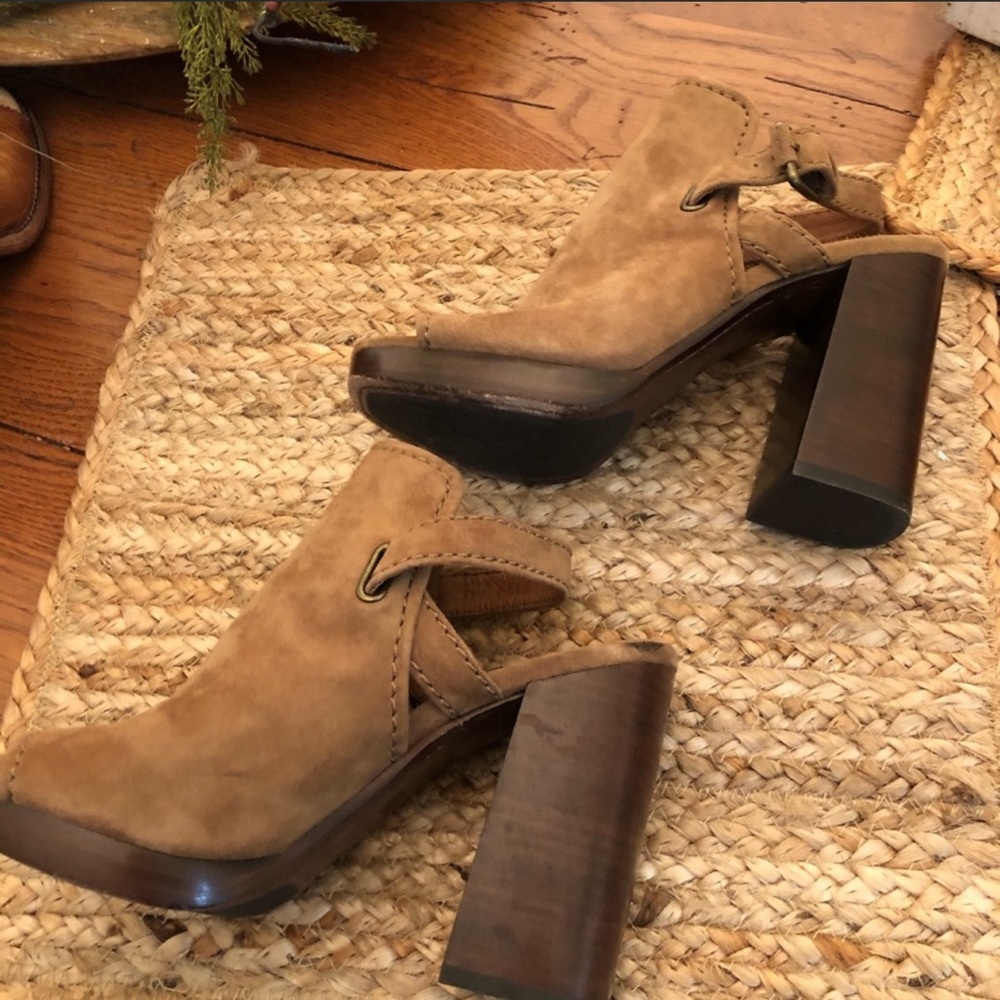 Frye Karissa Suede Leather Woodstack Heels